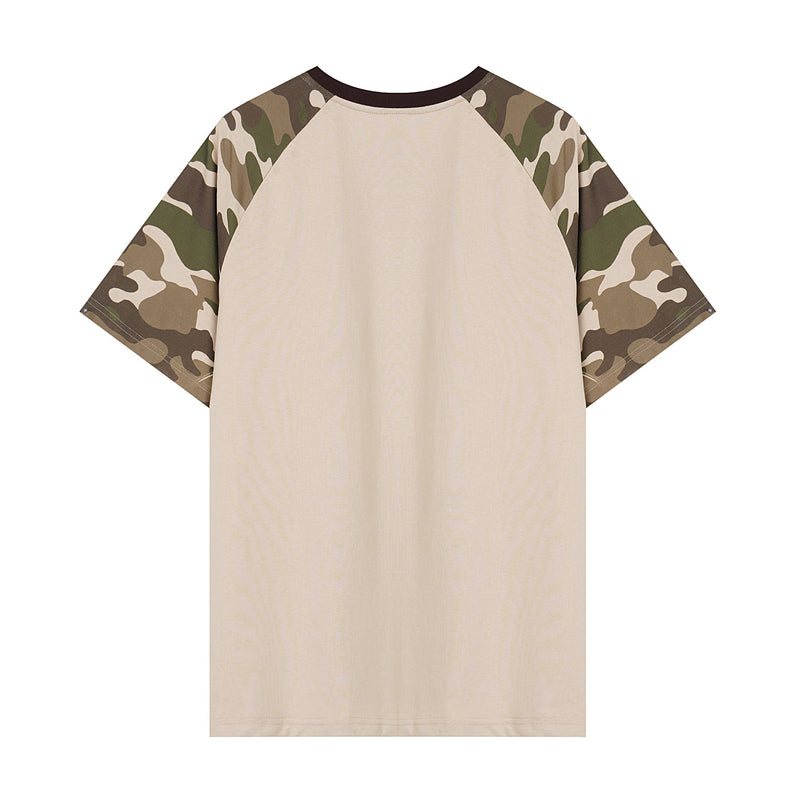 Beige raglan T-shirt with camo patterned sleeves and dark crew neck, front view on white background