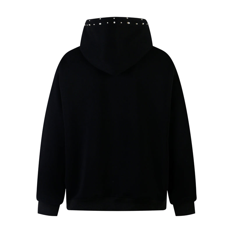 Back view of black hoodie with pearl studs along the hood and back neckline