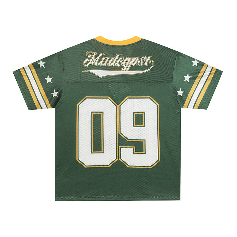Green varsity football jersey with large 09 number, star sleeve stripes, and Madegpr lettering on the back