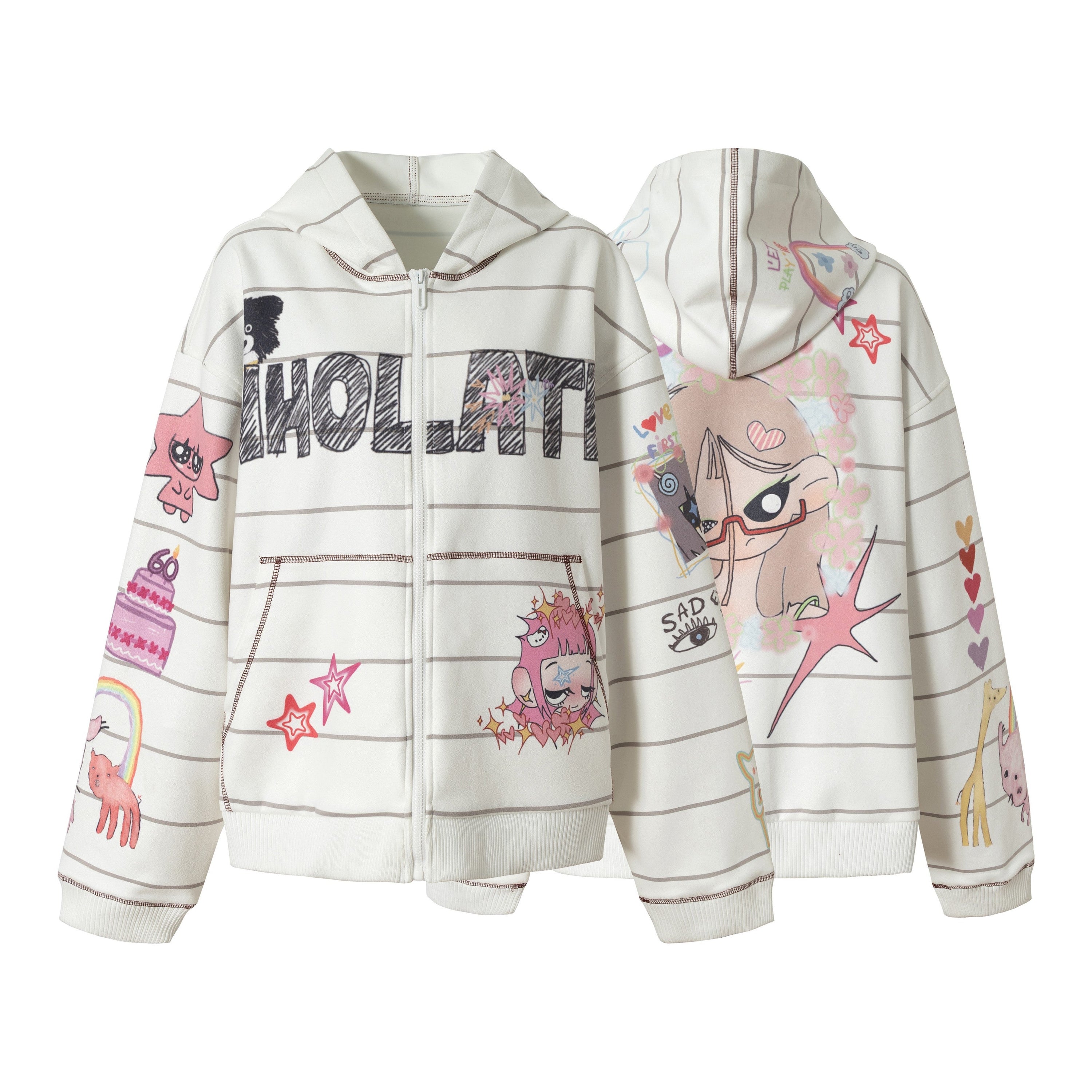 Off-white zip-up hoodie with all-over hand-drawn cartoon graphics shown from front and back views