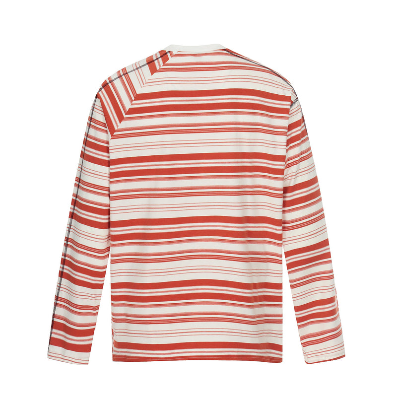 Back view of red and white striped long sleeve tee with raglan-style shoulder seams