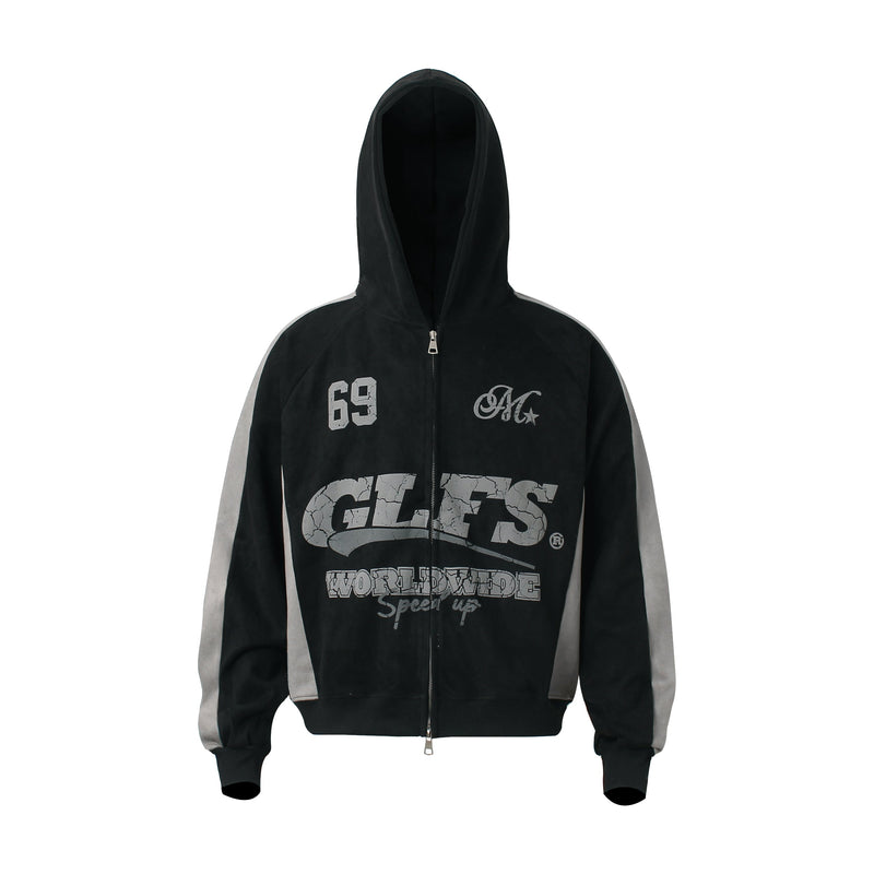 Black zip hoodie with gray sleeves and cracked GLFS front graphic, front view