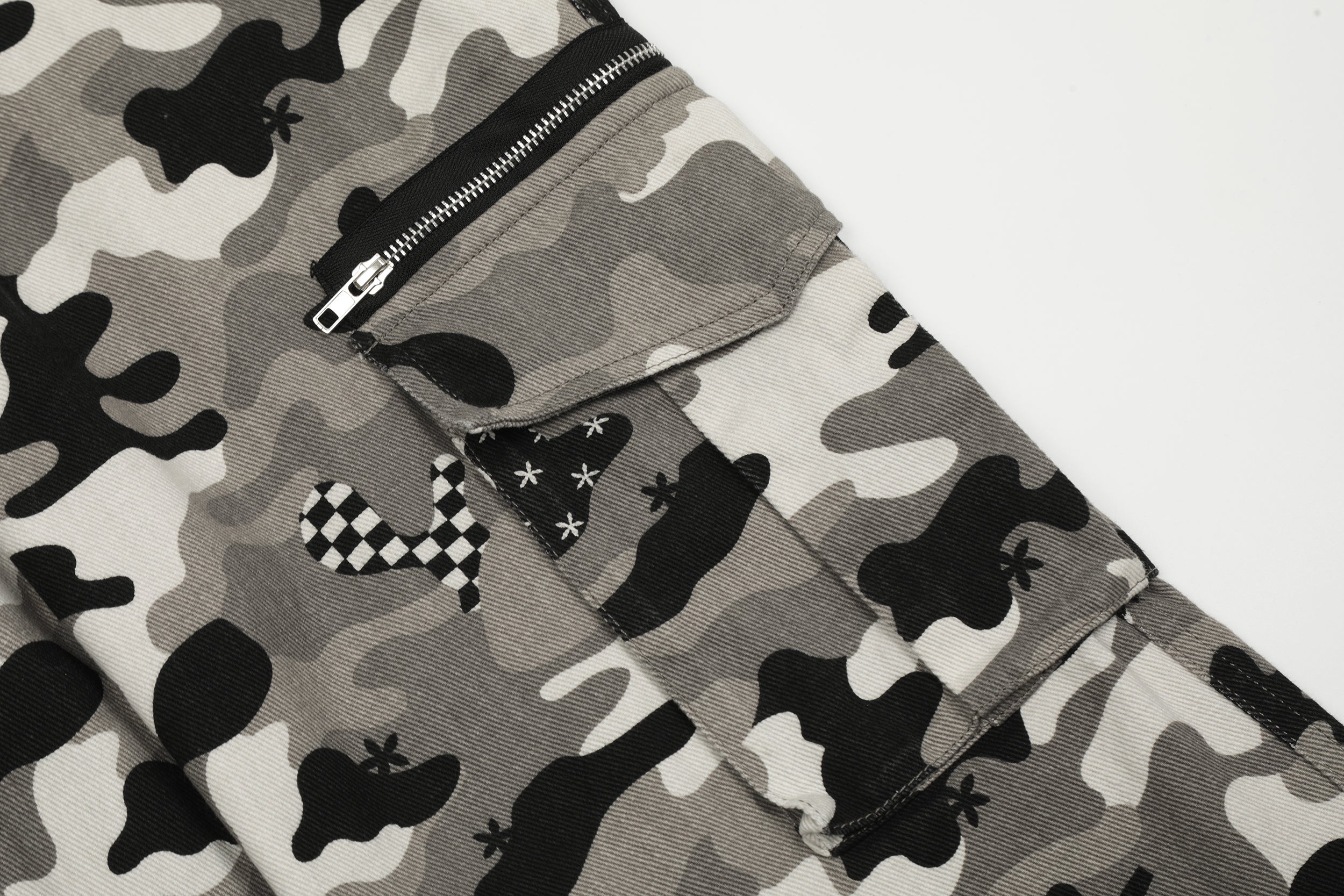 Grey Camo Cargo Pants with Checkerboard Patches | SEAKOFF