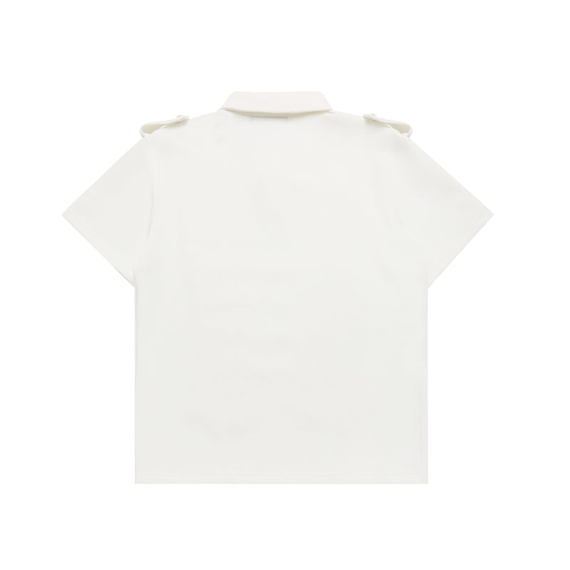 White military braid polo shirt with epaulettes, shown from the back on a clean white background