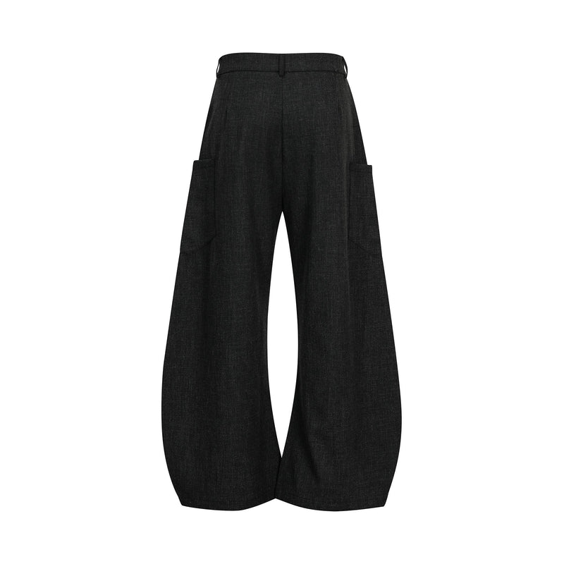 Black wide-leg cargo pants with side pockets and oversized silhouette, back view