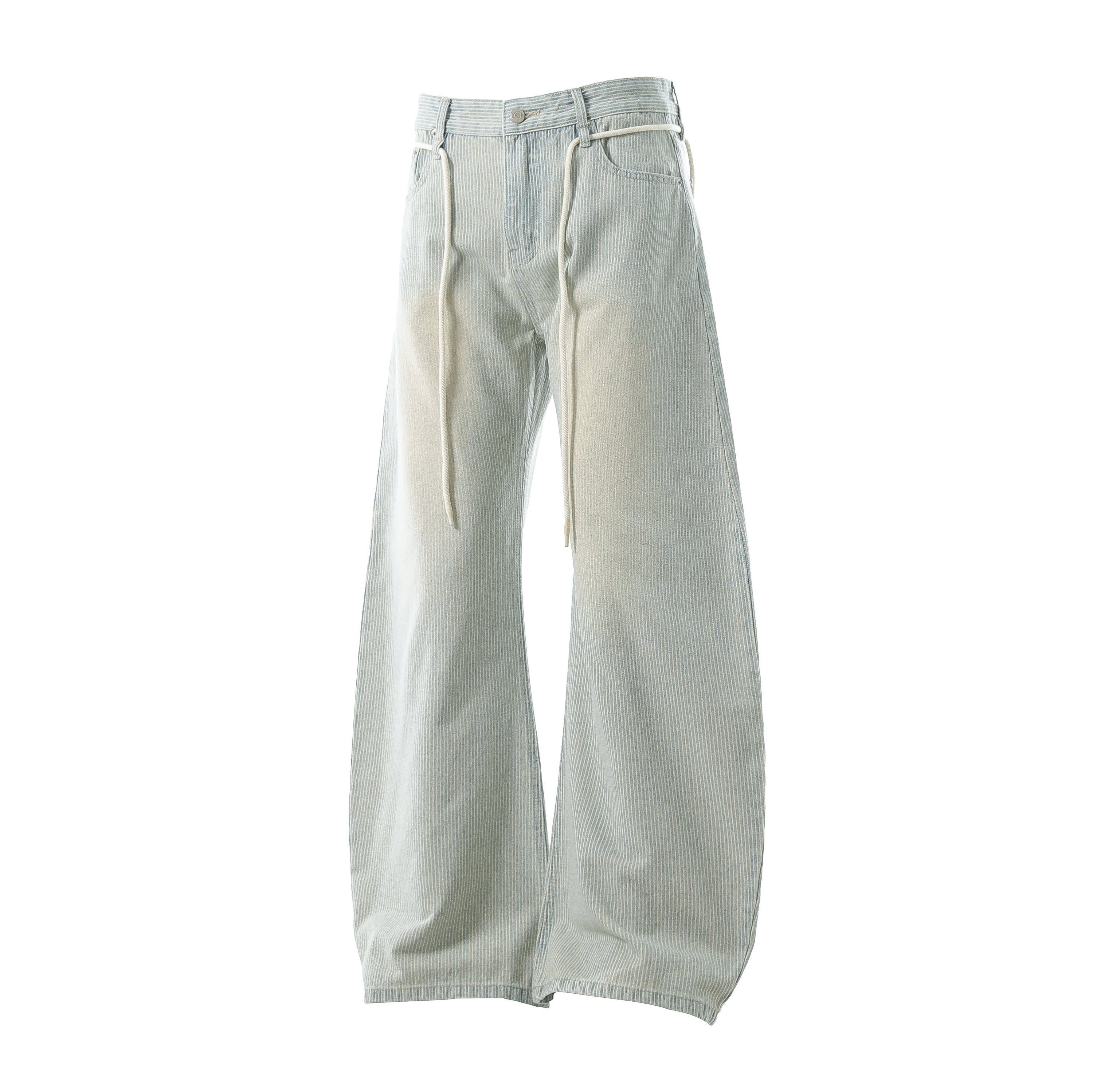 Washed Stripe Wide-Leg Denim Pants with Drawstring Waist