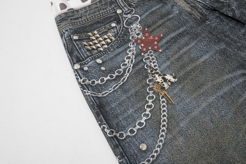 Front side close-up with chain graphic, red star charm, and studded pocket print