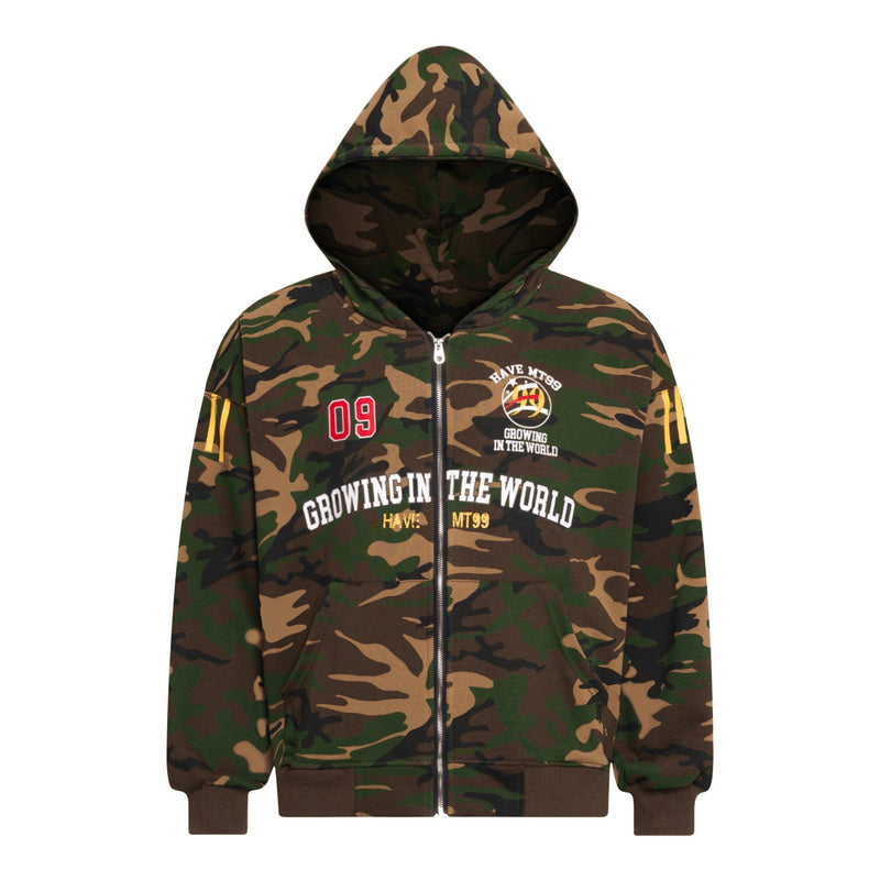 Front view of camouflage zip-up hoodie with printed graphics, yellow sleeve stripes, and hood up