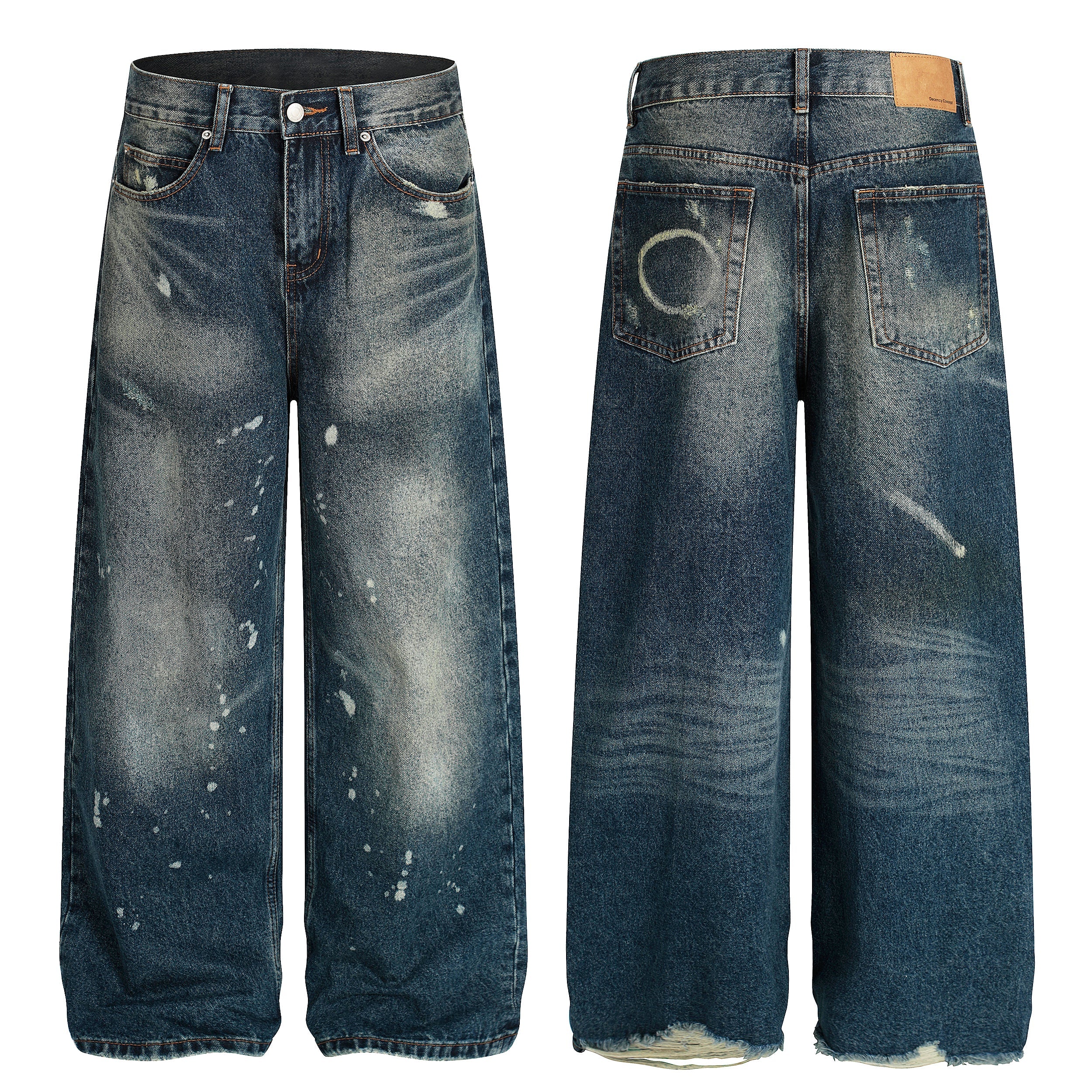 Front and back view of Omirad vintage wash wide-leg jeans in indigo with paint-splatter distressing and frayed hem
