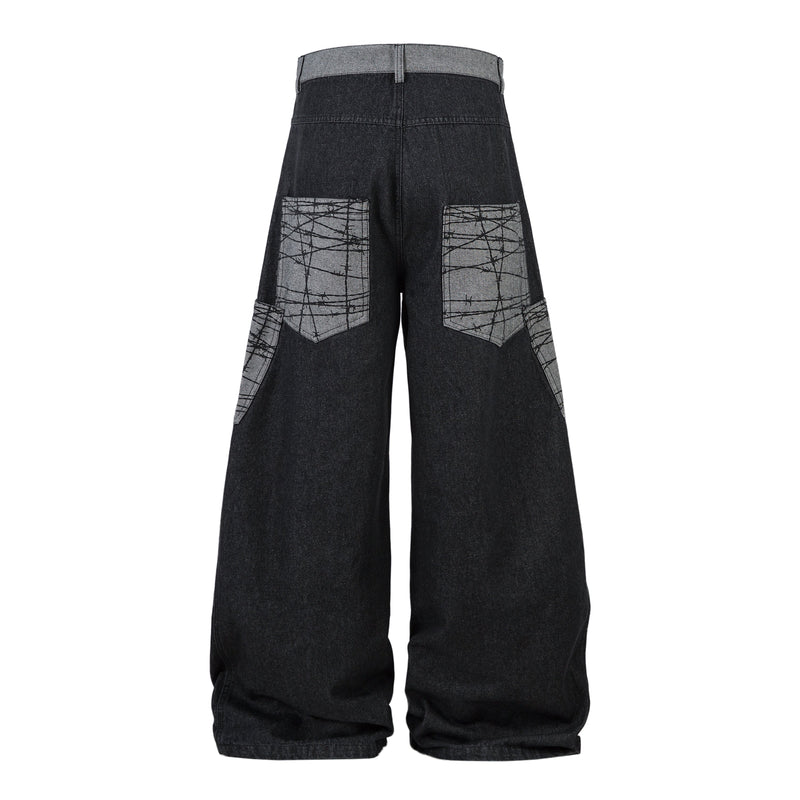 Omirad Contrast Pocket Wide-Leg Jeans | Black Denim