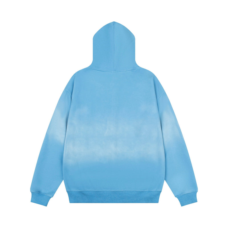 Back view of light blue zip-up hoodie with hood and faded wash effect
