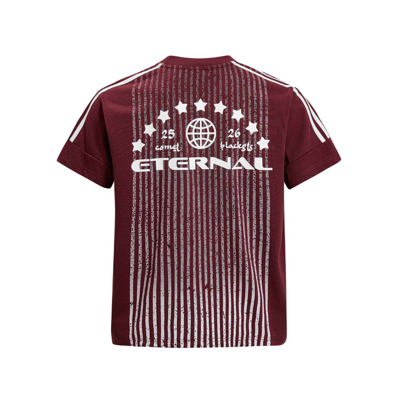 Maroon graphic sport tee with vertical white stripes, stars, and bold ETERNAL lettering on the back, short sleeves