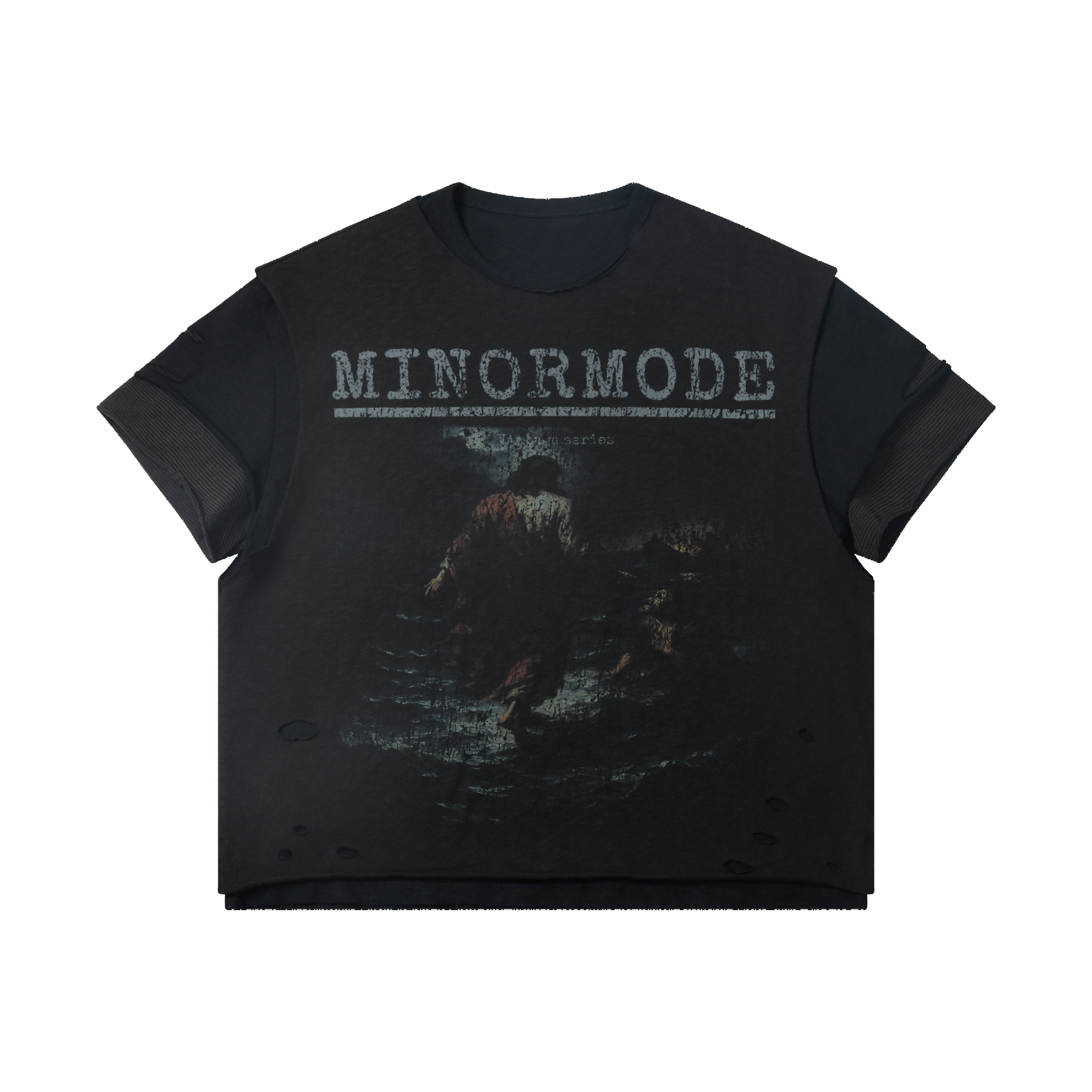 Minormode washed black distressed oversized graphic tee with layered sleeves and faded cinematic front print