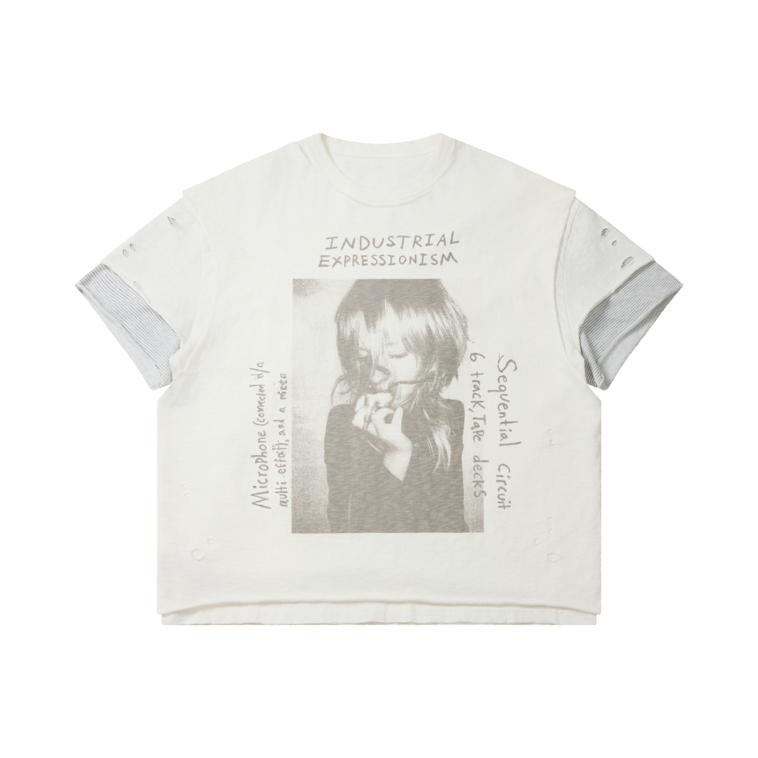 White distressed oversized graphic tee with faded portrait print and Industrial Expressionism text, layered striped sleeve de