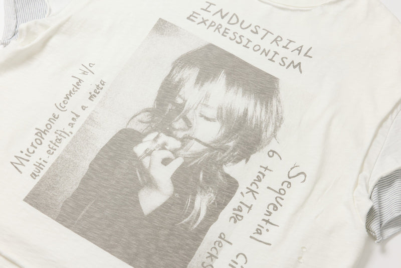 Cream distressed graphic tee with monochrome child portrait and industrial expressionism text print