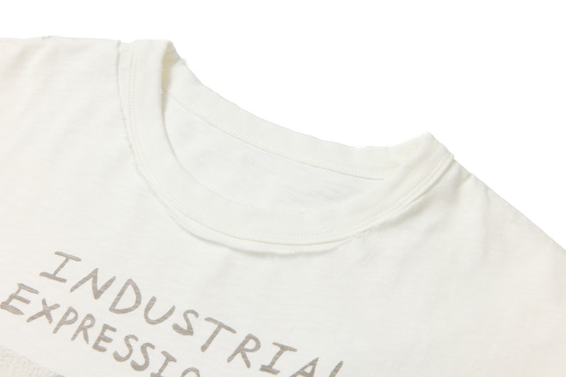 Cream distressed graphic tee with layered collar and faded industrial expressionism print on the chest