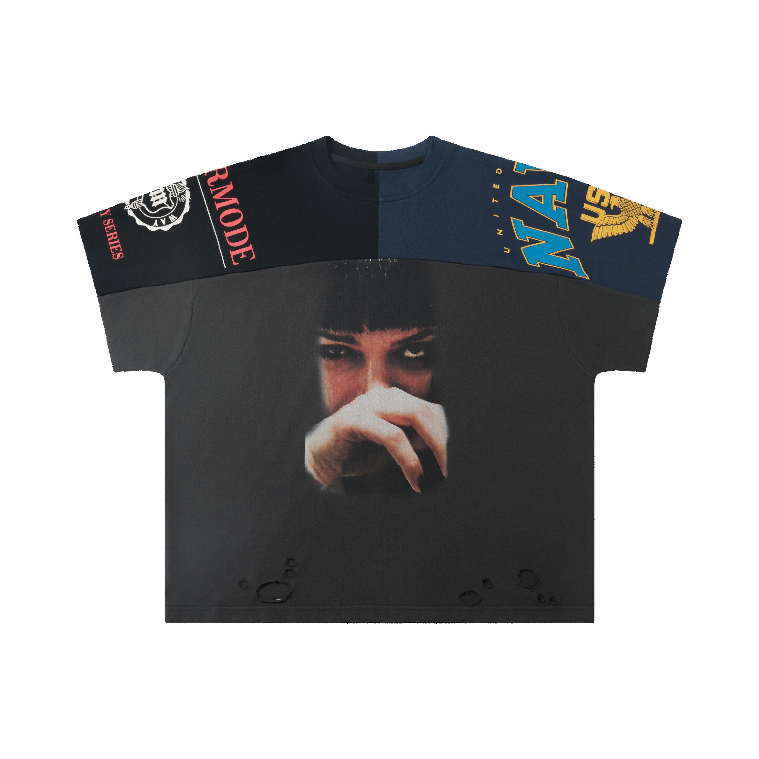 Oversized distressed graphic tee with contrast navy and black shoulder panel, portrait print on washed charcoal body, front v