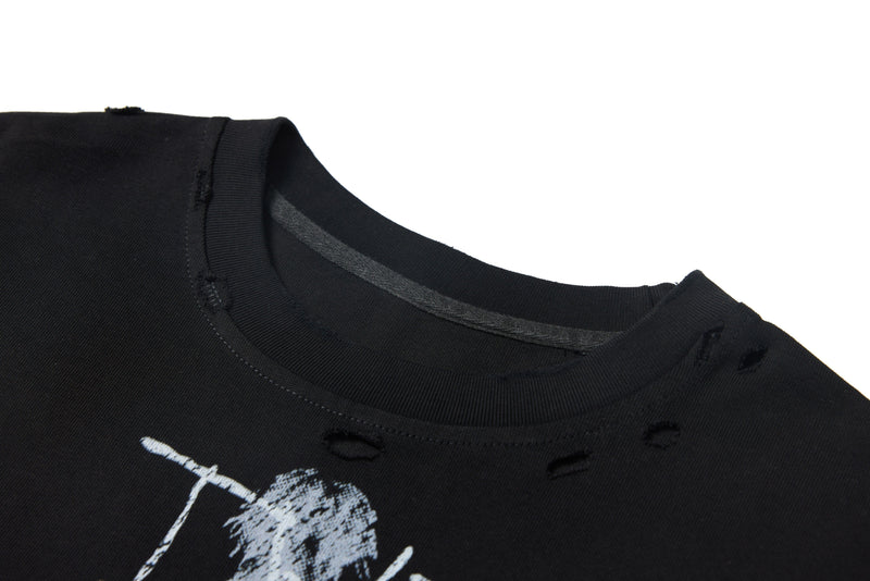 Black tee crewneck with distressed collar and printed graphic close-up