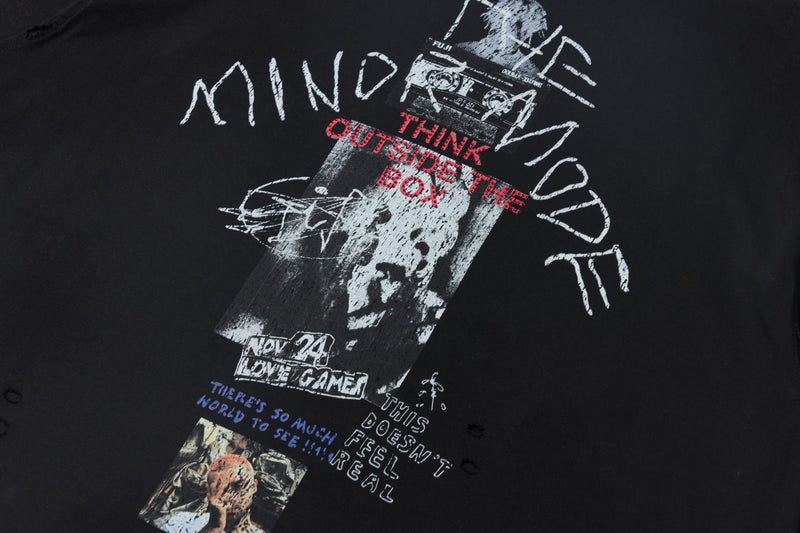 Black long sleeve tee front graphic with cassette, text and worn print