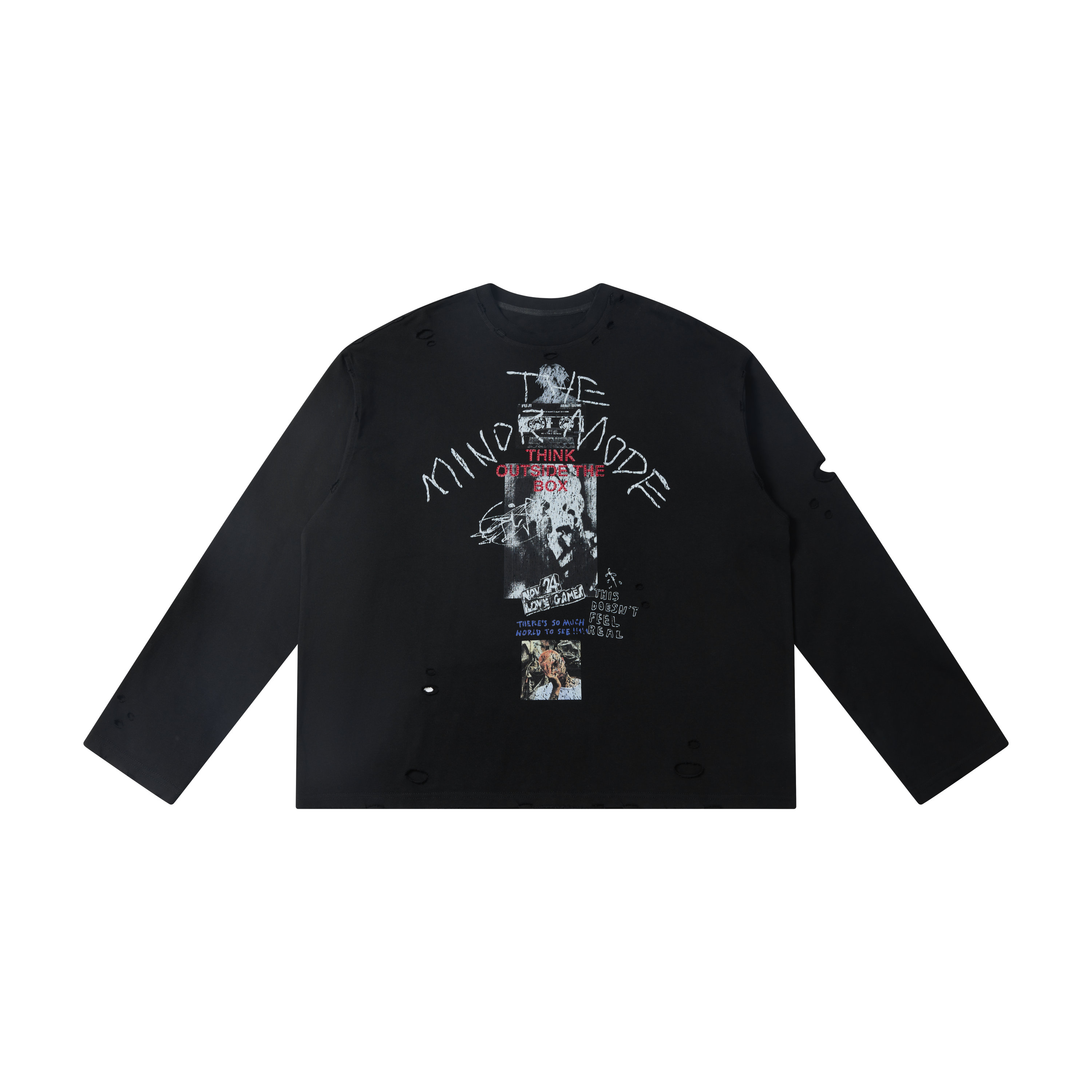 Black oversized distressed long sleeve tee with collage grunge graphic print on the front, flat lay view