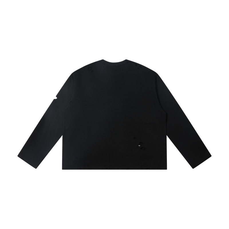 Black long sleeve tee with distressed holes, back view