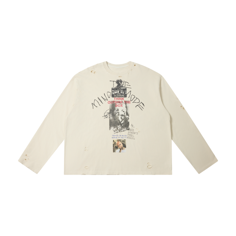 Cream long sleeve tee with grunge graphic print, front view