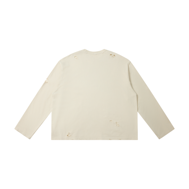 Cream long sleeve tee with distressed holes, back view