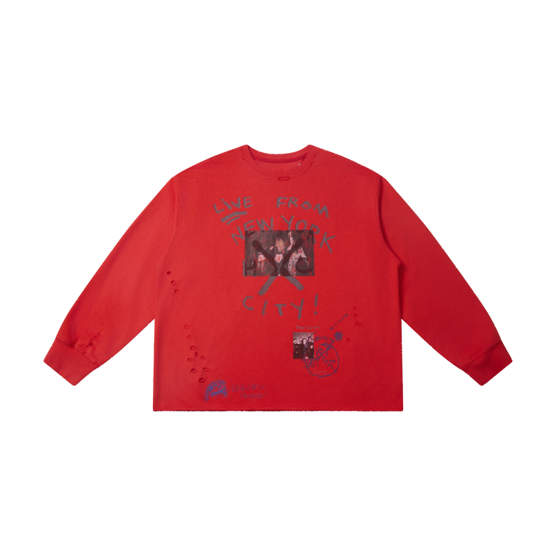 Red long sleeve tee with NYC graphic print, front view