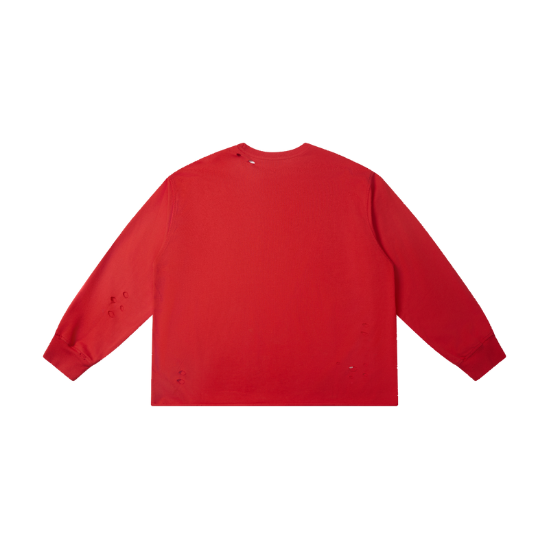 Red long sleeve tee with distressed holes, back view