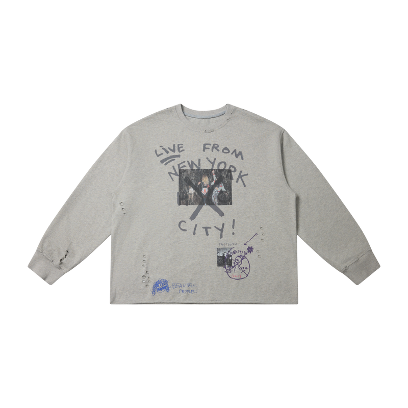 Heather gray long sleeve tee with NYC graphic print, front view