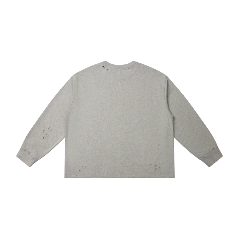 Heather gray long sleeve tee with distressed holes, back view