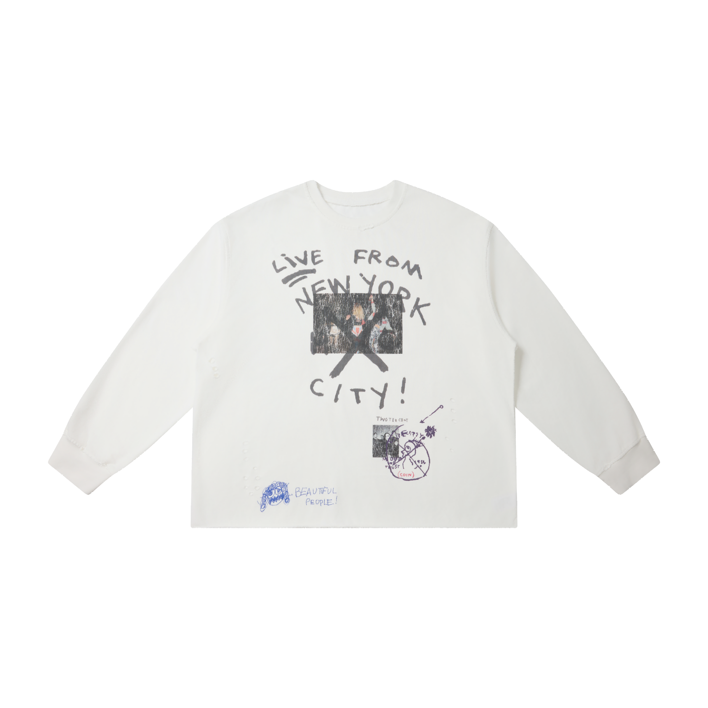 White oversized long sleeve tee with Live From New York City hand-drawn graphic print and distressed detailing on the front