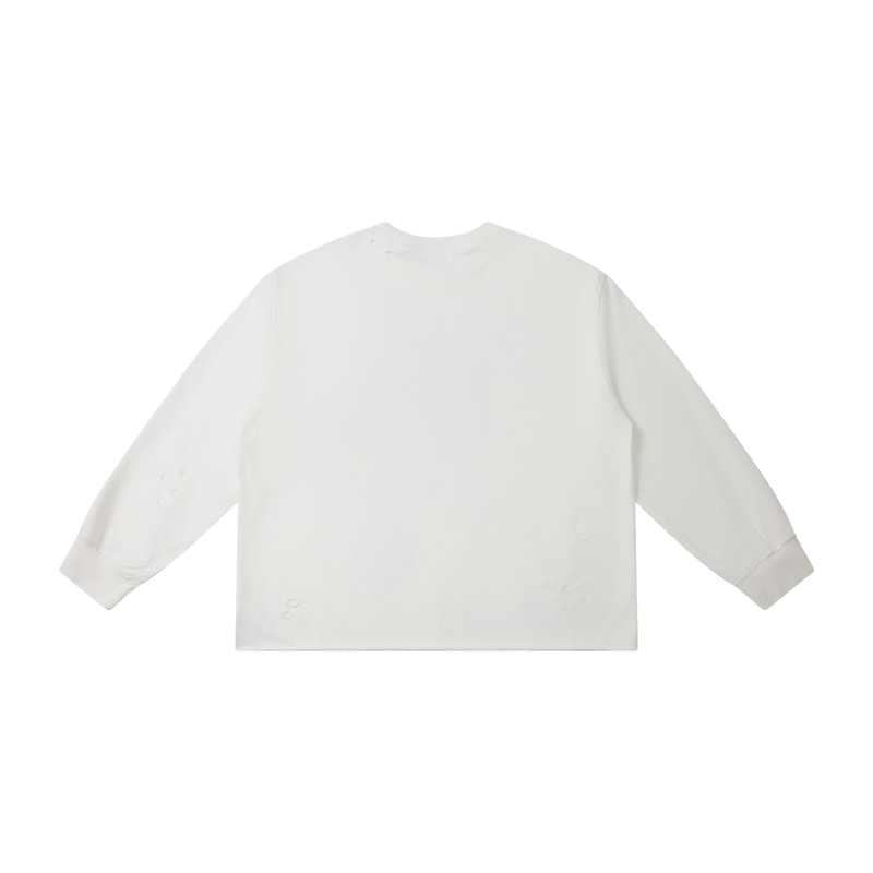 White long sleeve tee with subtle distressed holes, back view