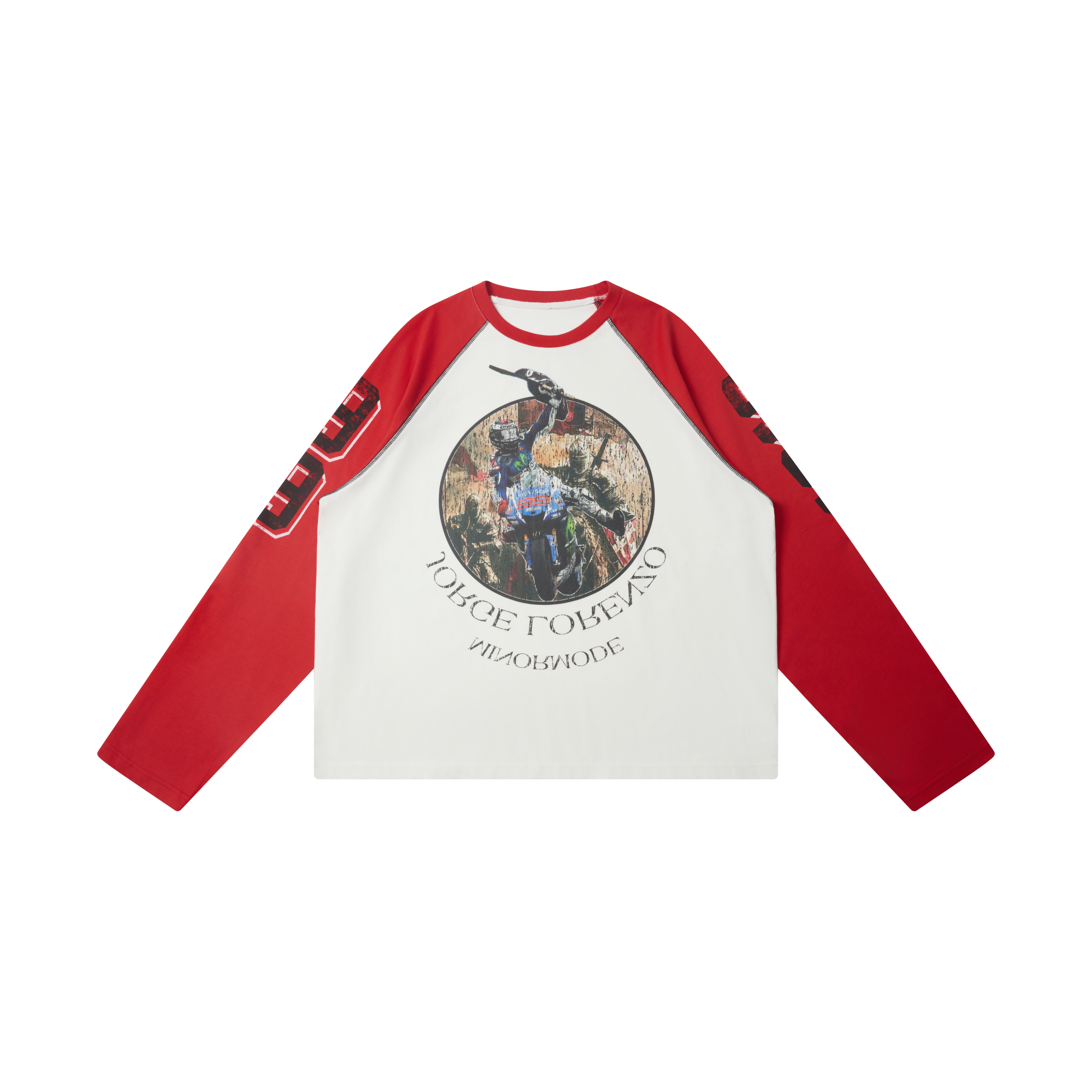 White and red raglan long sleeve tee with vintage motocross circle graphic on chest and number prints on sleeves
