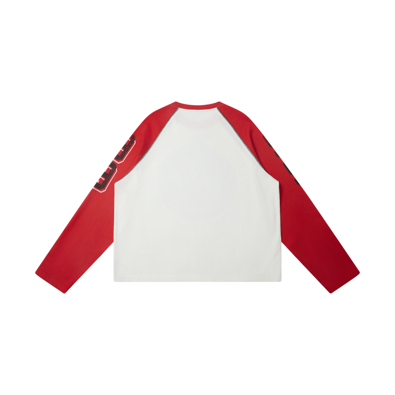 White raglan long sleeve tee with red sleeves, shown from the back