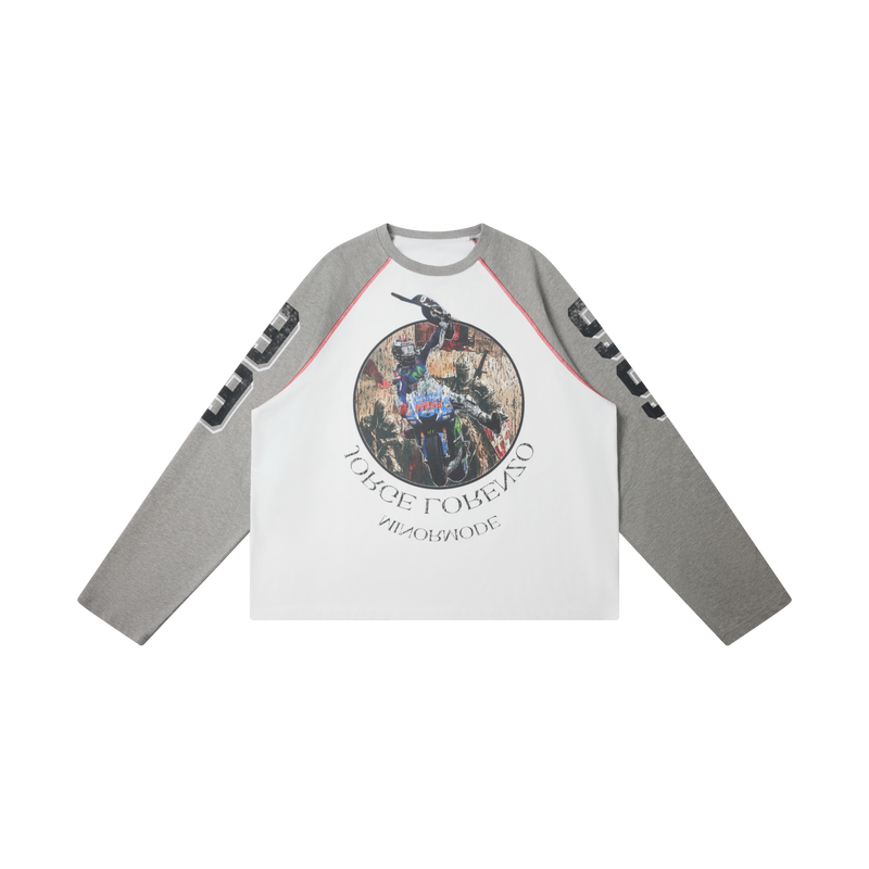 Front view of a white raglan long sleeve tee with gray sleeves and a moto graphic