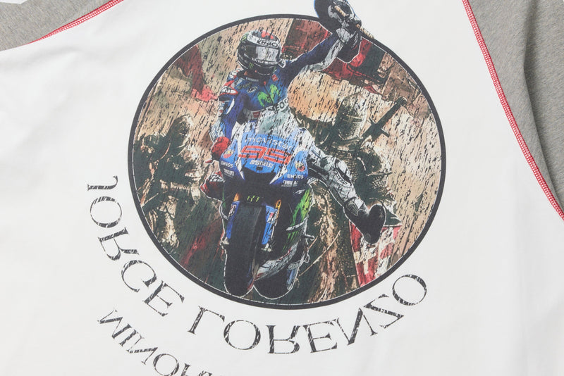 Close-up of the front chest graphic with motocross rider and curved text