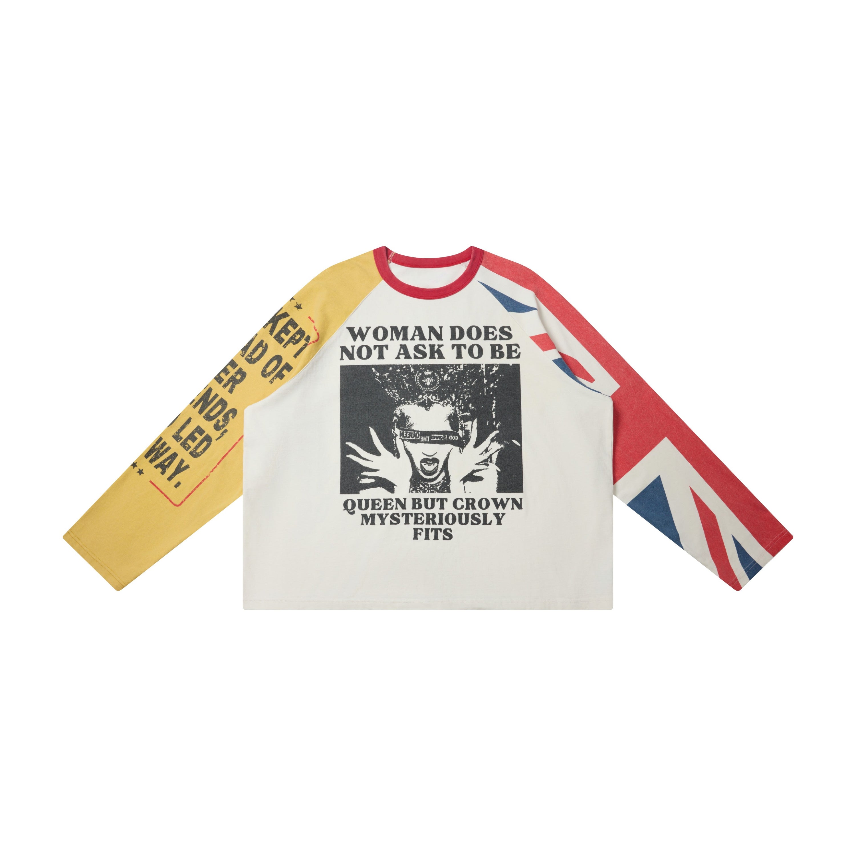 White oversized long sleeve tee with Union Jack right sleeve, mustard yellow left sleeve, and vintage graphic chest print