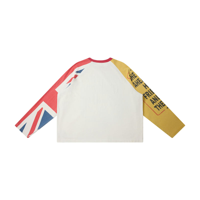 Back of white raglan long sleeve tee with red collar, yellow right sleeve, and red-blue graphic left sleeve