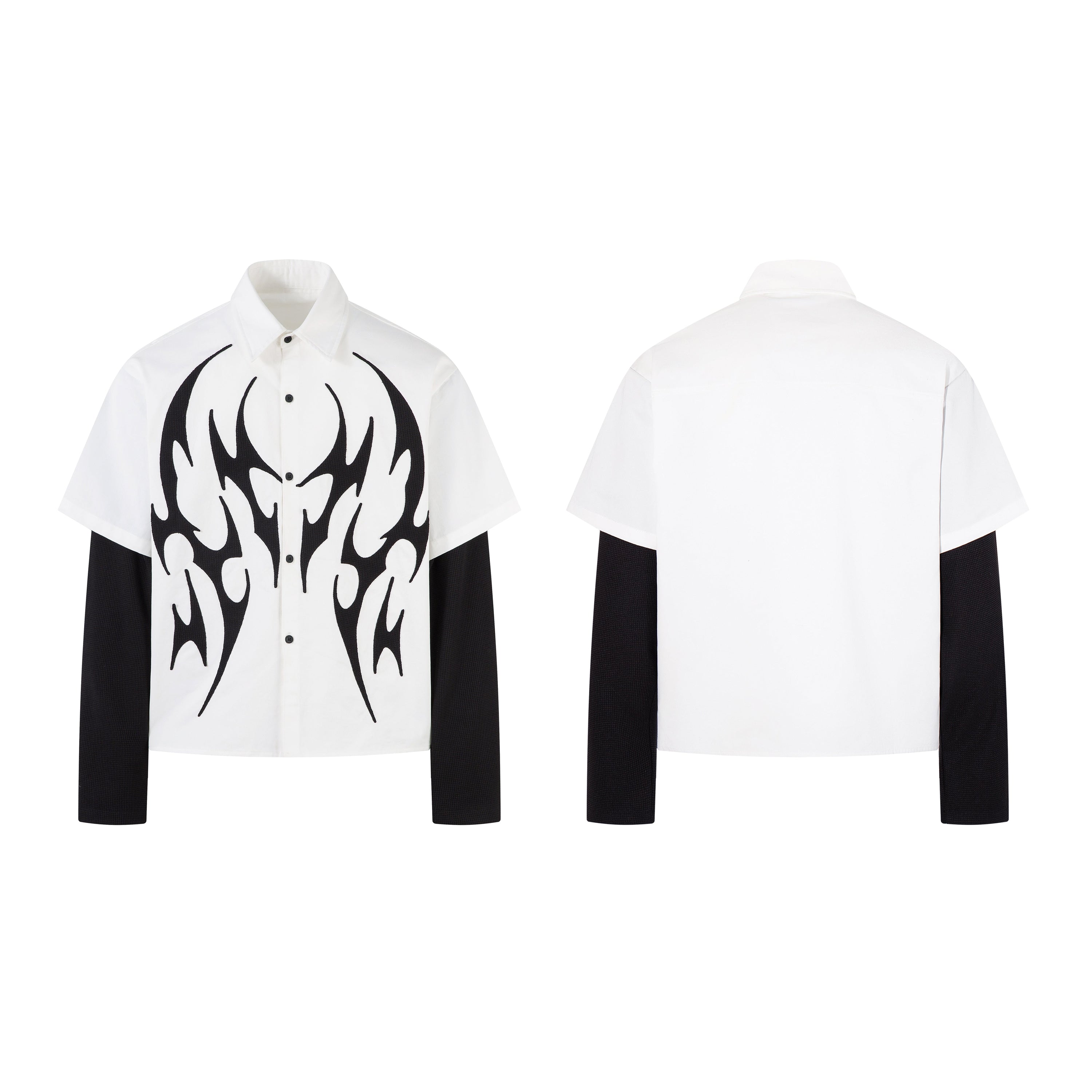 White short-sleeve button-up shirt with black tribal flame graphic and integrated black long sleeves, front and back view