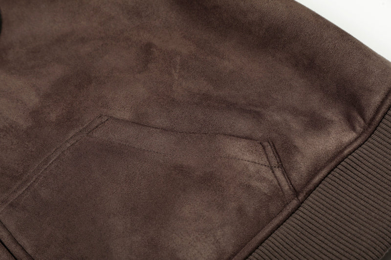 Fleece-Lined Brown Suede-Texture Zip Hoodie Jacket