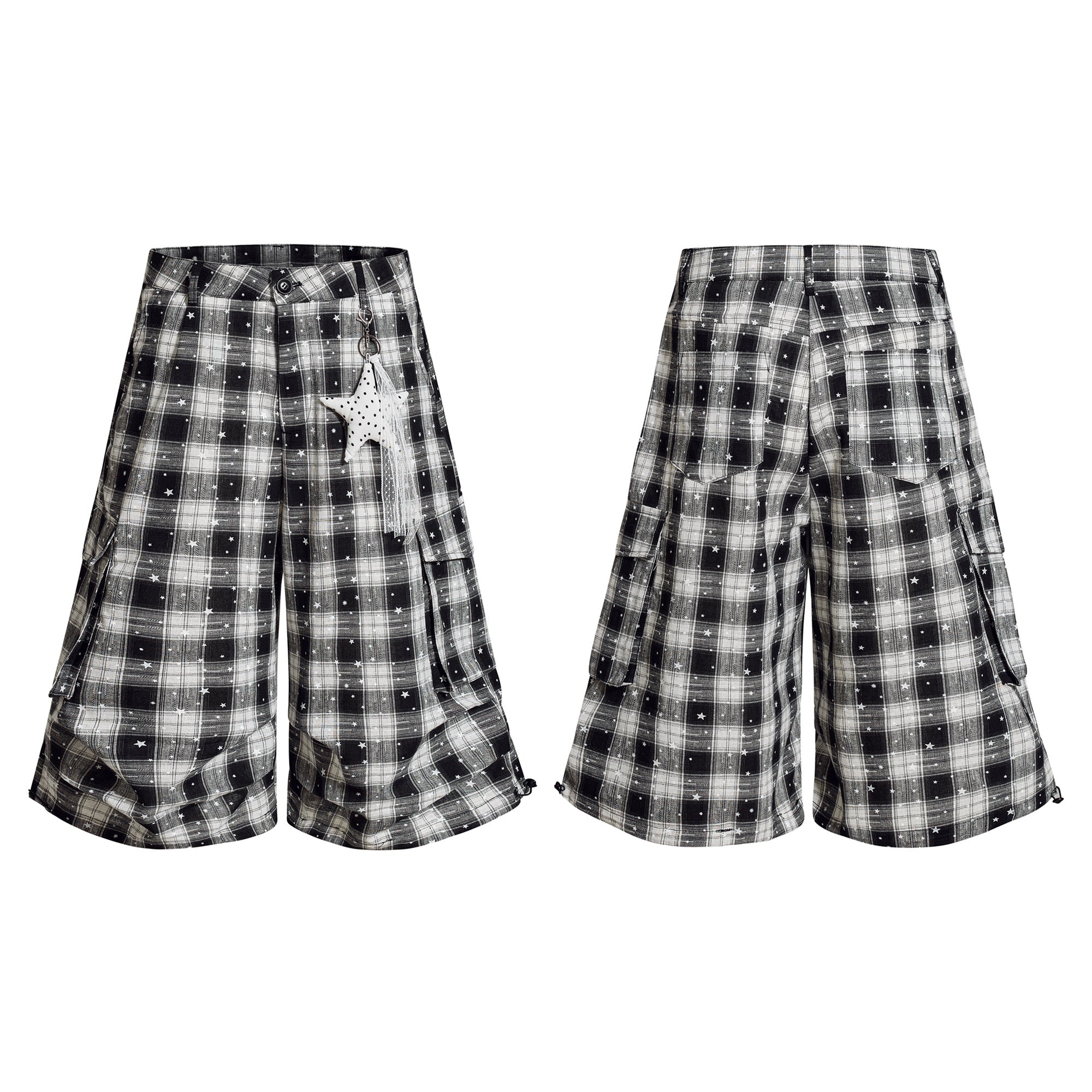 Black and white plaid cargo shorts with star print and detachable star keychain charm, front and back views