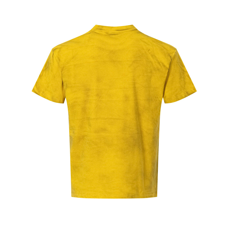 Mustard yellow washed vintage graphic tee with a faded streetwear fit, shown from the back on a white background