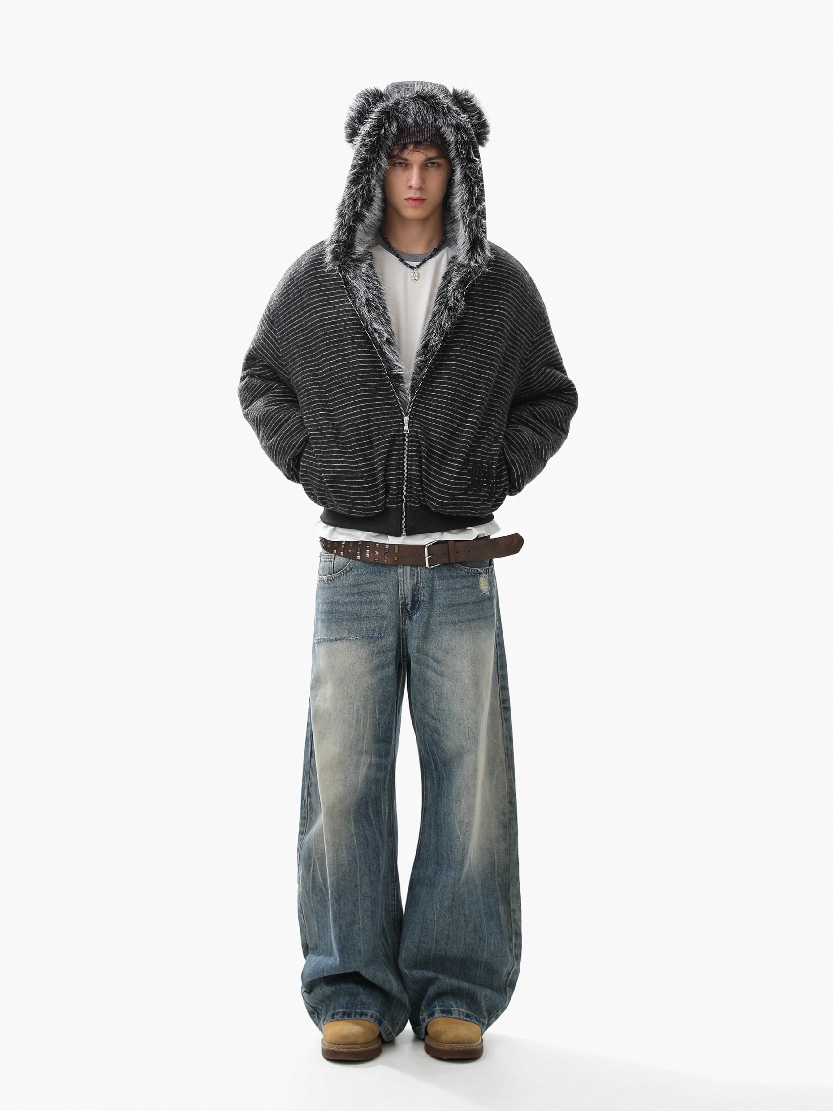 Faux-Fur Lined Striped Zip-Up Hoodie Jacket | SEAKOFF