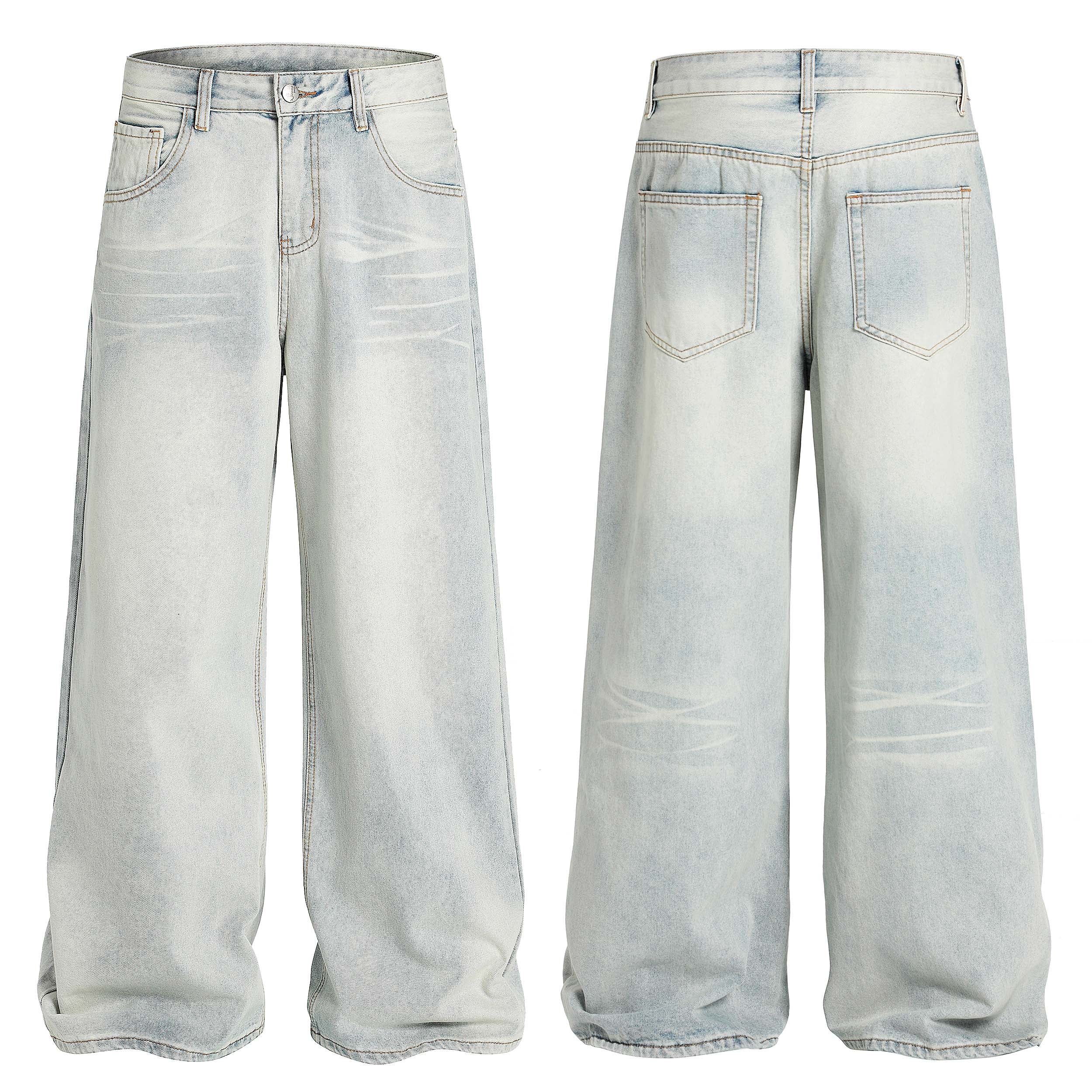 Front and back view of light washed wide-leg baggy jeans with vintage fading and contrast stitching