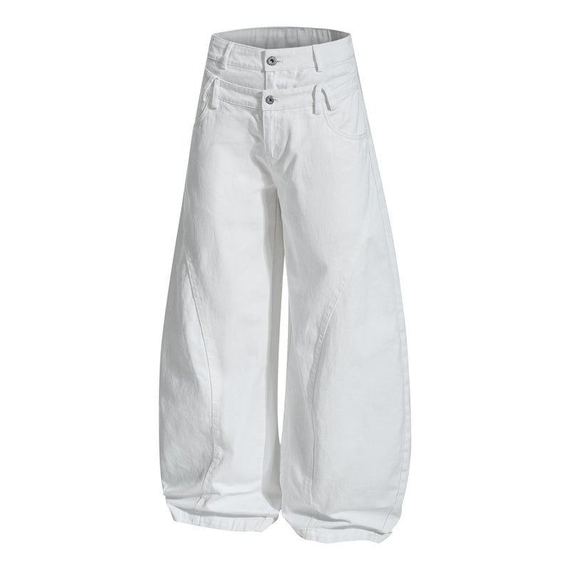 White double-waist wide-leg pants front view with angled seams and pocket details