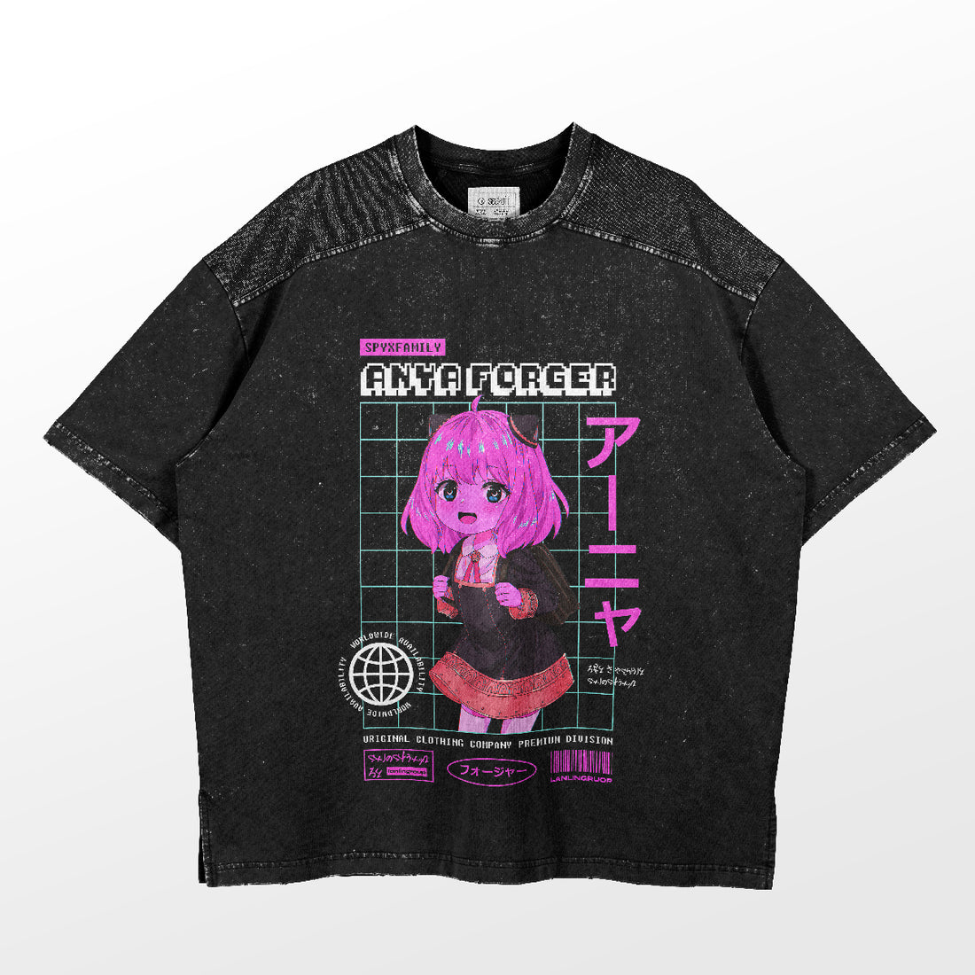 The Spy × Family t-shirt showcases Anya Forger with pink hair on a grid background, featuring English and Japanese text, enhanced by retro pixel art for nostalgia.