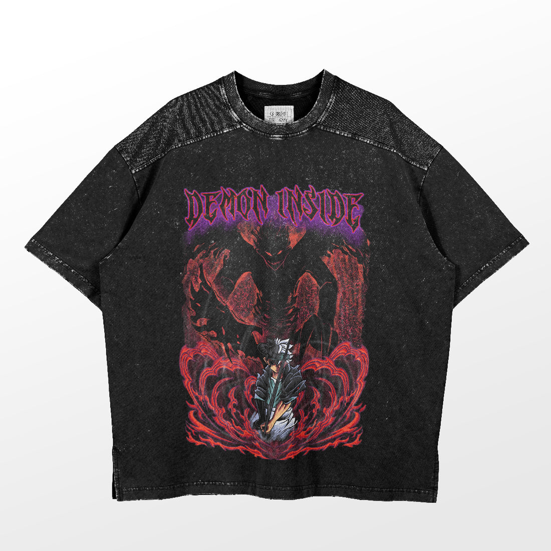 This Black Clover Shirt from Black Clover is a casual black t-shirt with a red and purple graphic featuring &quot;DEMON INSIDE&quot; in bold purple letters. Made from high-quality cotton, it displays a menacing figure with fiery elements, all in a distressed look reminiscent of Black Clover designs.