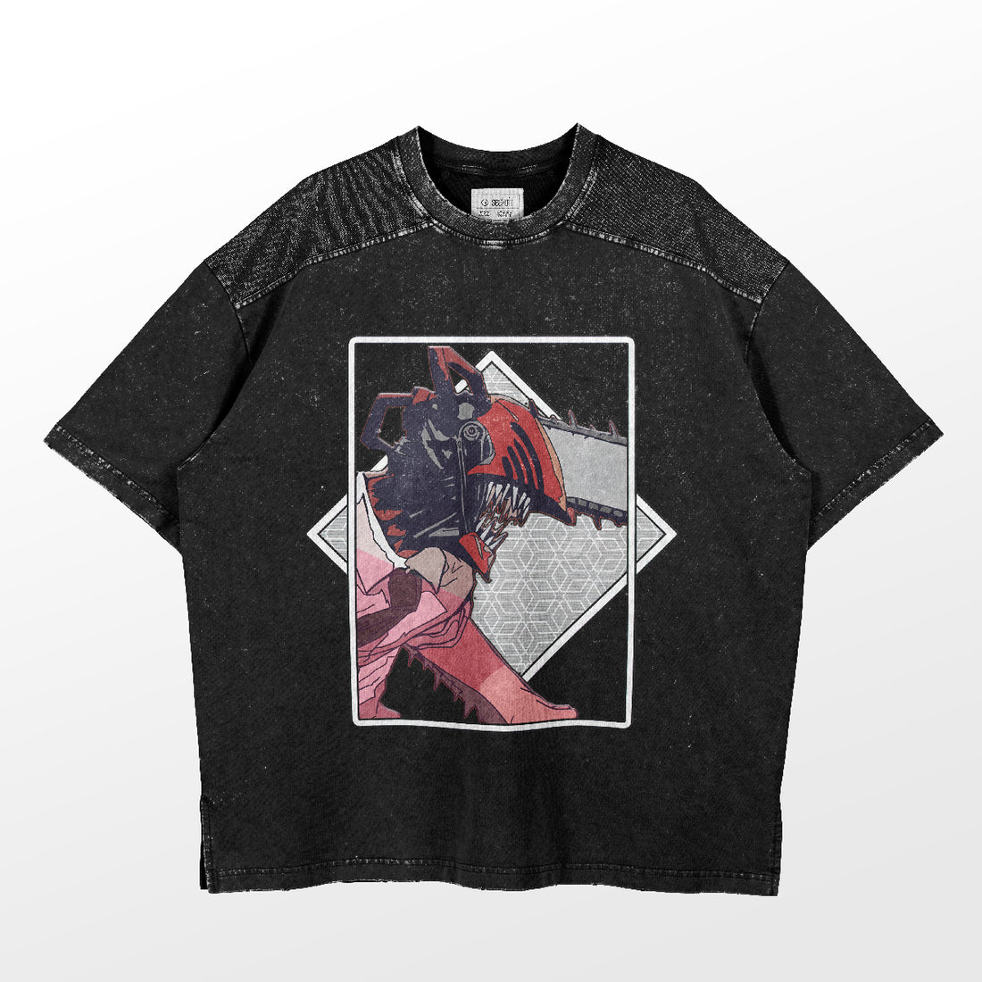 The Chainsaw Man Denji Profile T-Shirt is a black, 100% cotton anime shirt featuring a bold design of an abstract red and black figure. Its textured, slightly faded look captures the dynamic energy of Chainsaw Man and includes short sleeves.