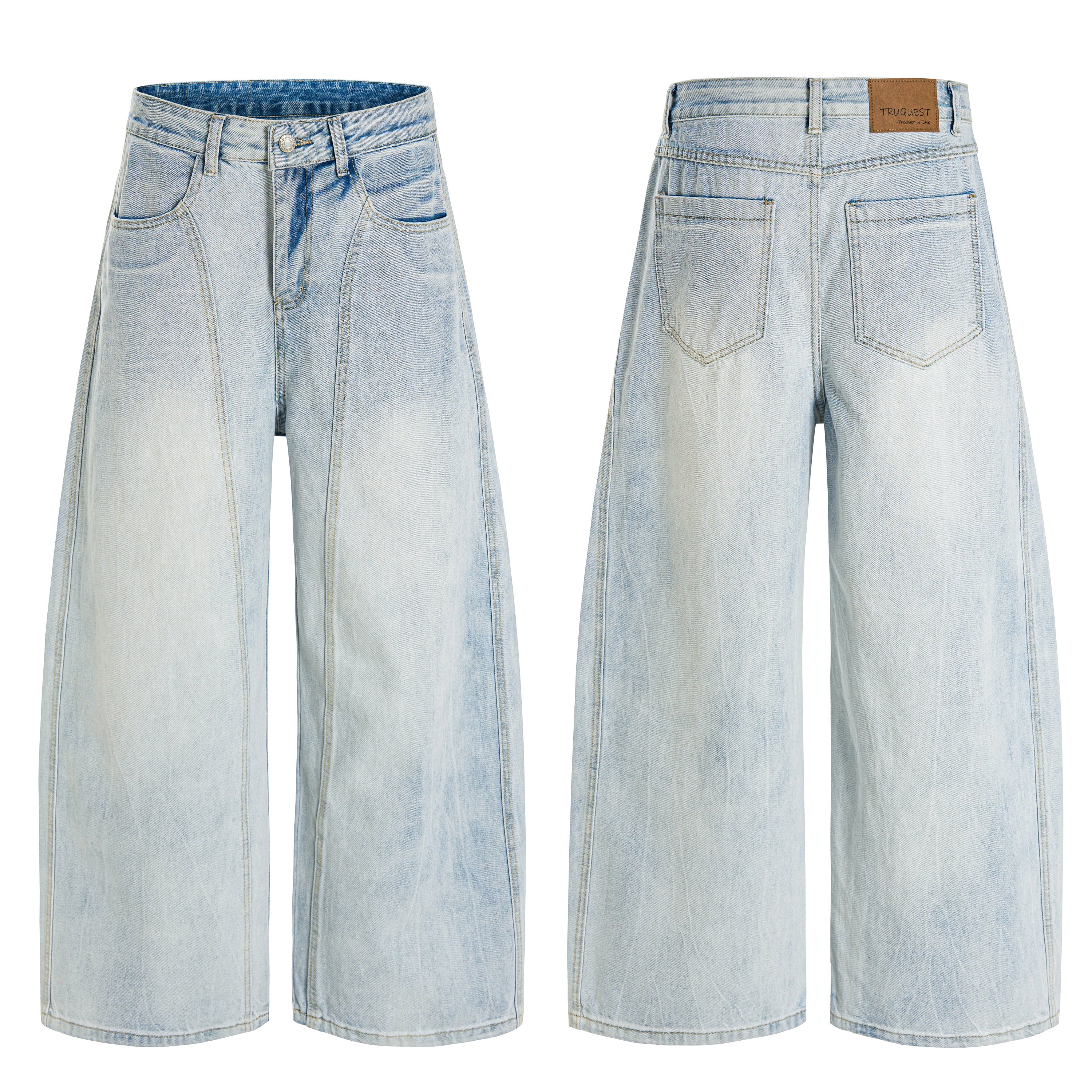Front and back view of light wash wide-leg denim jeans with panel seams and five-pocket design by TruQuest